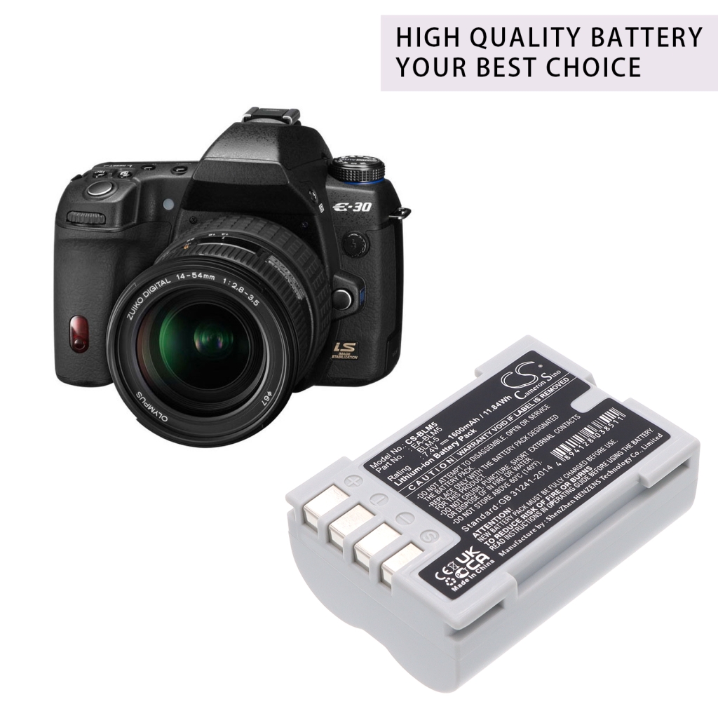 Marketingbild mit Olympus E-30 DSLR-Kamera neben CS-BLM5 Akku